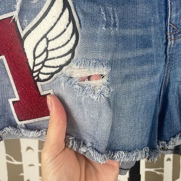 Express High Waist Cut Off Jean Shorts with Patches 6 - Picture 10 of 11